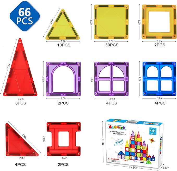 MAGBLOCK Magnetic Tiles for Kids, 66PCS Magnet Tiles Building Blocks Construction Toys Incorporating Magnets for Toddlers, Magnetic Blocks Learning Toys Gift for 3+ Year Old Boys and Girls