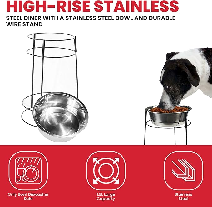 SPOT Hi Rise Single Diner Elevated Dog Feeder, 2qt Stainless Steel Bowl, Durable Wire Stand, Hygienic, Easy to Clean, Promotes Proper Posture for Tall Pets, Ideal for Medium and Large Breeds, 14.25in