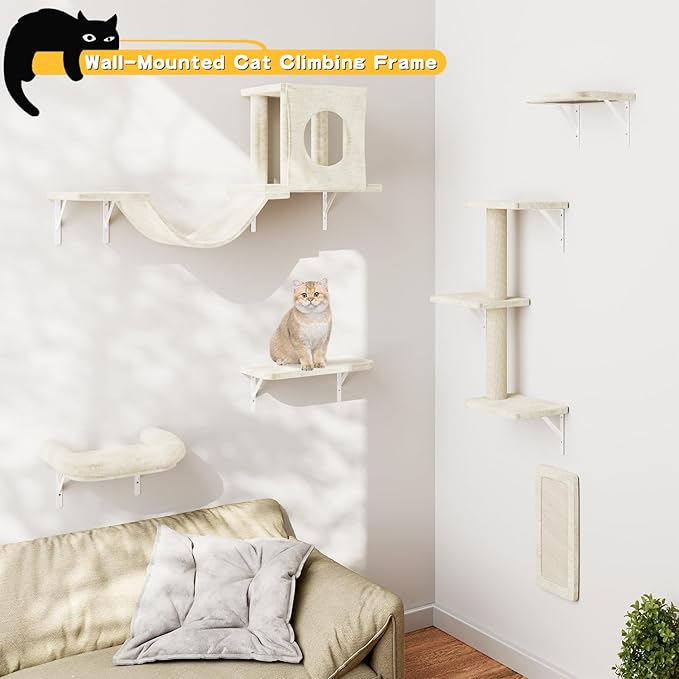 NUNU LAB Cat Wall Shelves, 6 Pcs Luxury Wall-Mounted Cat Climber Set, Indoor Cat Furniture with 1 Condos House, 2 Cat Wall Shelves, 1 Scratching, 1 Bridge Ladder, 1 Scratching Pad, White