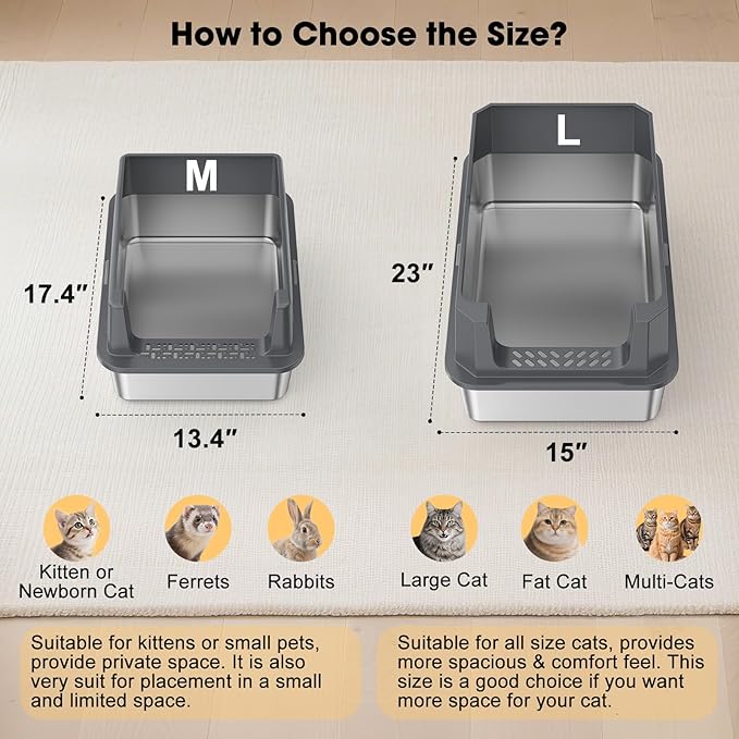 FURTIME Stainless Steel Litter Box with Lid, Large Metal Cat Litter Box for Big Cat, Large Cat Box High Sided with Non-Stick, Odor-Resistant, Anti-Urine Leakage, Easy Cleaning, Includes Scoop and Mat