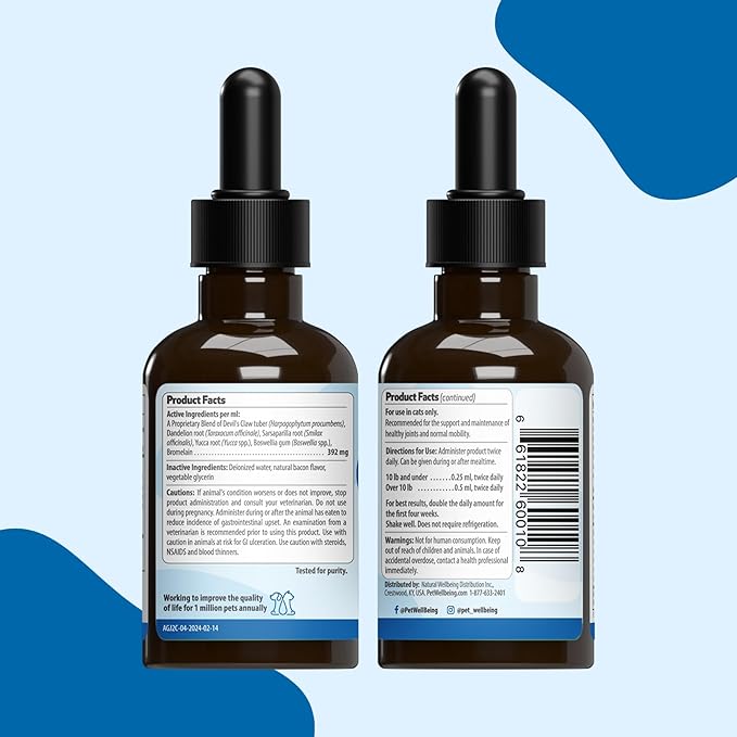 Pet Wellbeing Agile Joints for Cats - Hip and Joint Health, Mobility, Devil’s Claw, Boswellia, Joint Ligament and Cartilage - Veterinarian-Formulated Herbal Supplement 2 oz (59 ml)