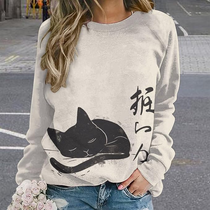 Womens Long Sleeve Tops Y2k Japanese Art Print Sweatshirts Fall Pullover for Women Crewneck Vintage Shirts Boho Tops