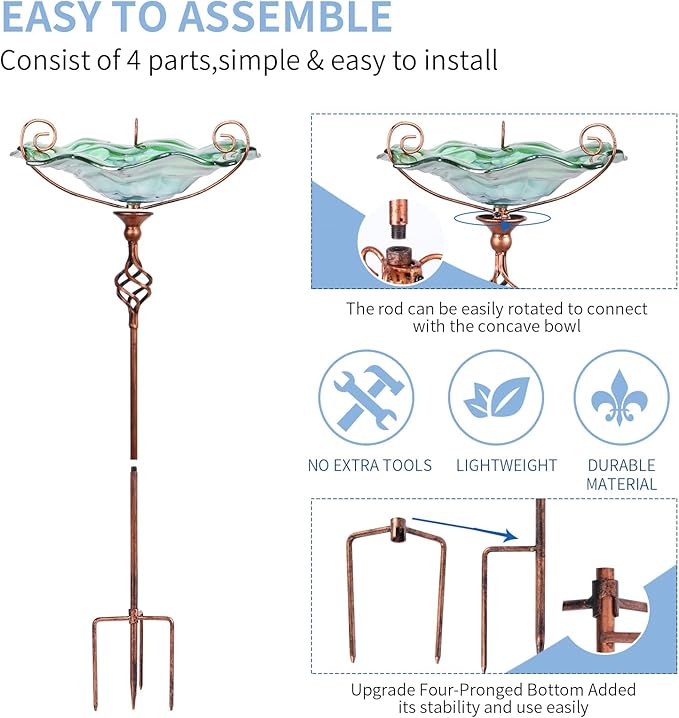 VCUTEKA Bird Bath Glass Outdoor Birdbaths Garden Yard Decor Bird Feeder with Metal Stake Green