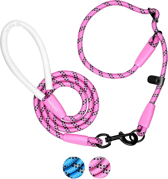 Detachable 2/5" Slip Lead, 4FT 6FT 8FT with Comfortable Silicone Handle Strong Rope Leash for Large Medium Small Dogs No Pull Highly Reflective Pet Training Leash (Pink-Black, 4FT)
