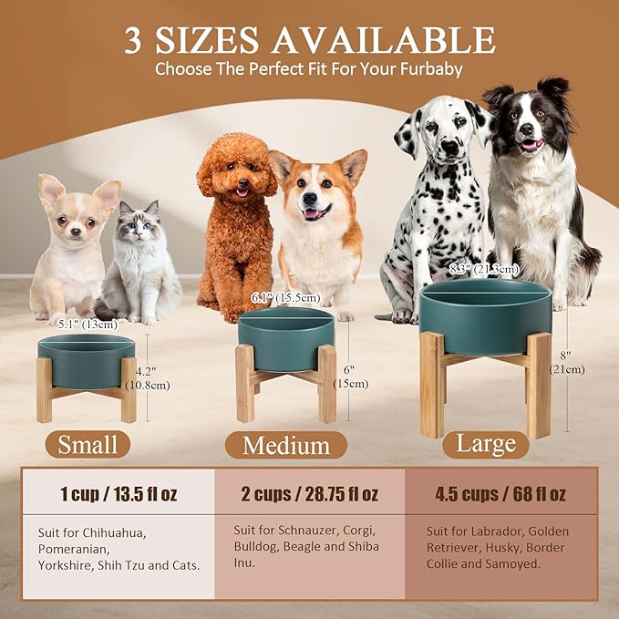 Raised Ceramic Large Dog Bowl - Heavy Weighted Dog Dish with Bamboo Stand - Elevated for Comfortable Feeding - 8.3" W x 8" H - 4.5 Cups (68 fl oz) - Grey