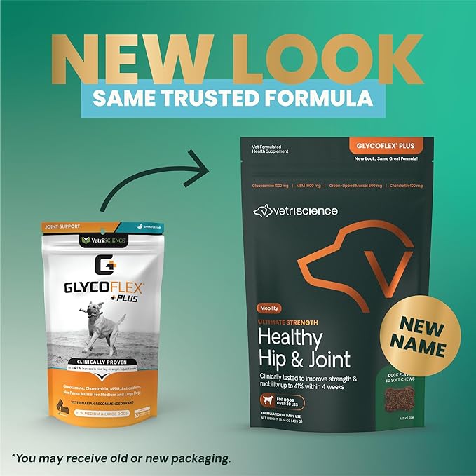 VetriScience Ultimate Strength Healthy Hip & Joint Chews, GlycoFlex Glucosamine, Chondroitin and Green-Lipped Mussel Joint Support Supplement for Dogs, Soothe Joint Discomfort, Duck, 120 Count