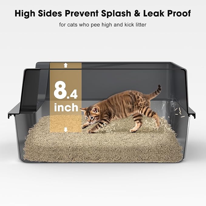 FURTIME Stainless Steel Cat Litter Box with Lid – High-Sided Metal Litter Pan for Small Cats, Kitty Litter Box Non-Stick, Odor-Resistant, Anti-Urine Leakage, Easy to Clean, Includes Scoop and Mat