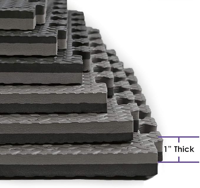 Xspec 1" Extra Thick 48 sq ft Reversible EVA Gym Foam Floor Mat Tiles (24" x 24"), Steel Pattern, 12 pcs, Black & Grey