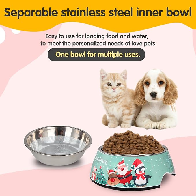 Christmas Xmas Pet Dog 2 in 1 Food Water Bowls - Non Slip Skid Proof Heavy Duty Pet Cats Dog Food Water Bowls for Feeding Large Dogs - Green Christmas-L