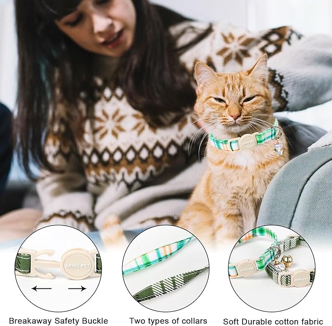 ARING PET 2 Pack Cat Collar-Cute Cotton Cat Collar with Bell & Pendant, Adjustable Spring Kitten Collars with Safety Buckle for Girl and Boy Pets