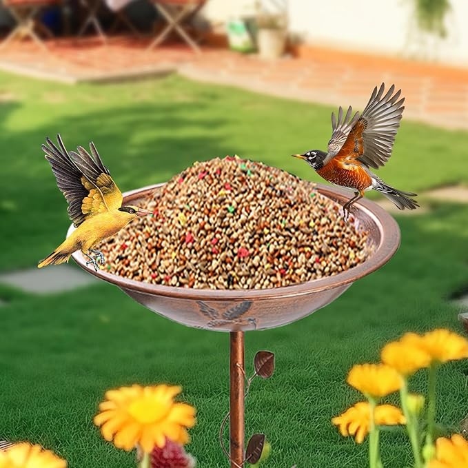 Metal Bird Bath Feeder for Outdoors,3.34" Deep Birdbaths Bowl with Stable Upgrades Stake 5-Pronged Base,Easy Clean Birdfeeders for Garden Yard Lawn Decor(Red Bronze)