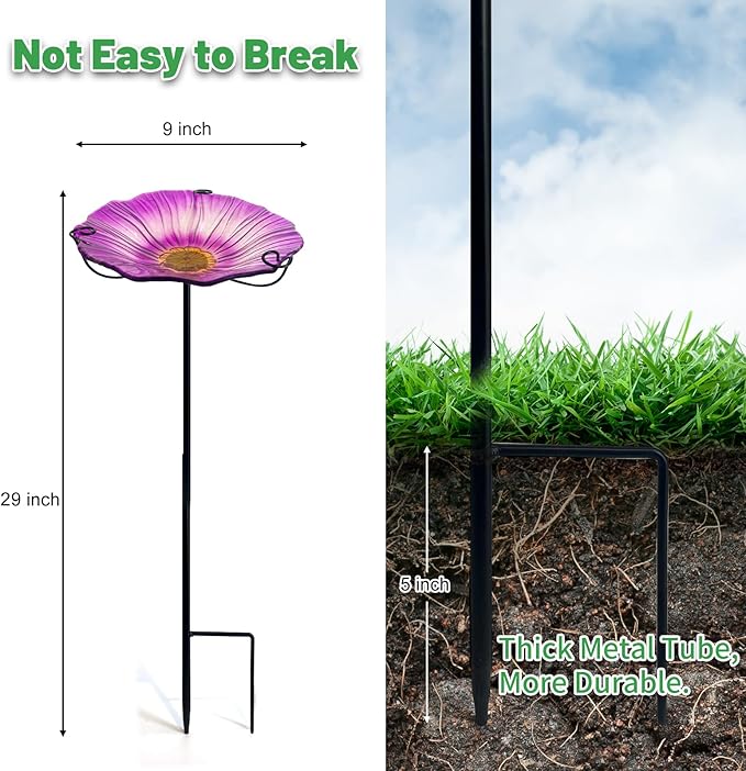 HONGLAND 29 Inch Height Bird Baths for Outdoors, Glass Birdbaths Outdoor Birdfeeder Flower Pattern with Metal Stake-Purple
