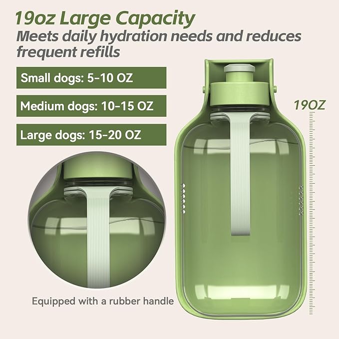 Portable Dog Water Bottle – 19 oz, Exclusive Latest Large Wide-Mouth Folding Design, Durable Handle Strap, Food-Grade Plastic, Ideal for Walking, Hiking & Outdoor Travel（Army green）