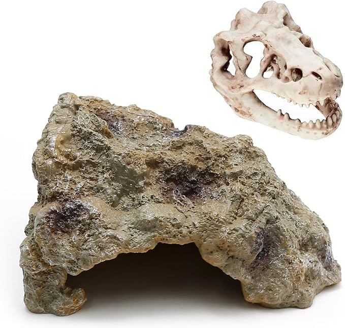 Anxingo Reptile Rock Reptile Cave Hideout for Snakes/Geckos/Lizards/Turtles and Other Amphibians, with Dinosaur Skull (Small)