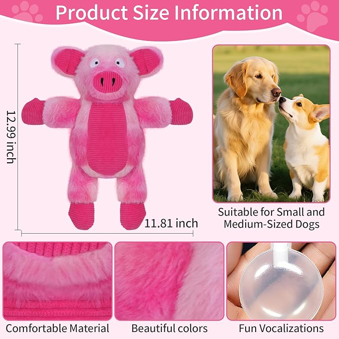 Dog Toys Plush, Squeaky Stuffed Dog Toy, Rainbow Pig Dog Toys for Small Medium Breeds, Soft DogToy Plush, Puppy Teething Dog Toy, Interactive Dogs Toy for Indoor Dogs(Pink)
