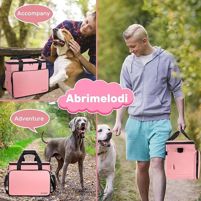6 Set Dog Travel Bag, Large Pet Supplies for Dogs, Includes 2 Collapsible Dog Bowls, 2 Food Containers, 1 Treat Pouch with Pet Travel Bag, Pink