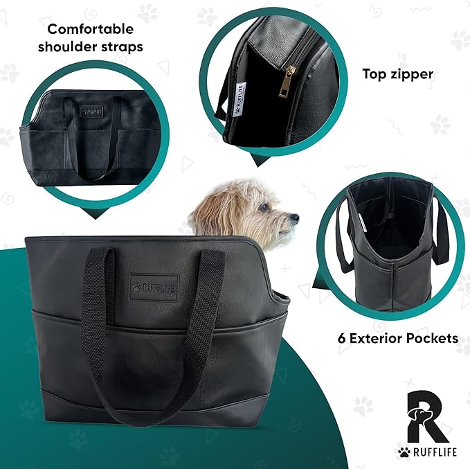 Luxury Dog Purse Carrier - Black Faux Leather Pet Carrier, Secure Harness Clip, Tote Bag for Small Dogs and Puppies