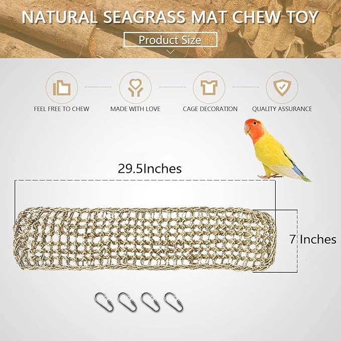 Bird Seagrass Mat 30" × 7" Parrot Natural Grass Woven Net Hammock Parakeet Climbing Rope Ladder Mat Chew Toys Cage Accessories for Pigeon Macaw Cockatiel Conure Budgie Cockatoo Rat Bearded Dragon