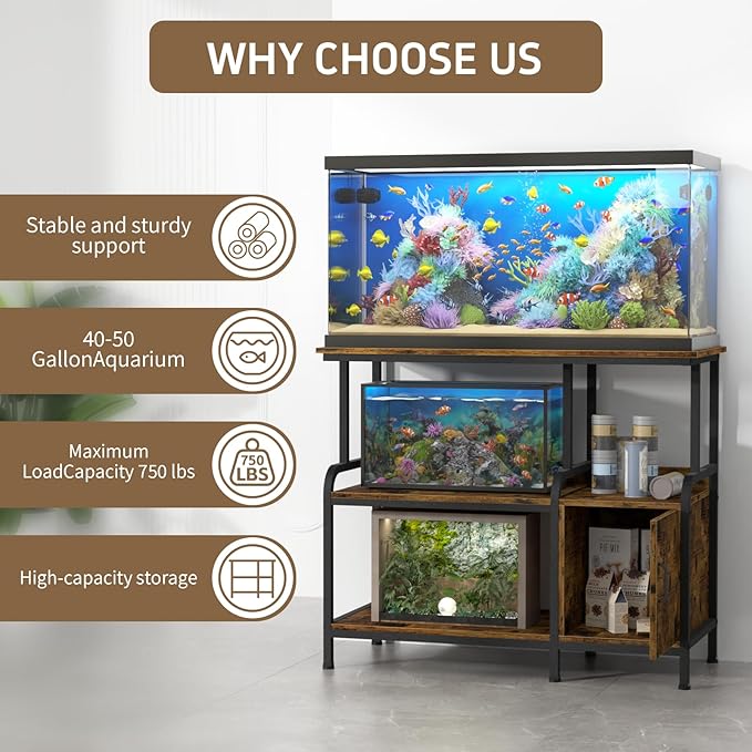 40-50 Gallon Fish Tank Stand，750 lbs Capacity Aquarium Stand，Heavy-Duty 3-Level Reptile Stand with Built-in Storage，36.8×15.7×31.5" Steel Terrarium Stand (Greige)