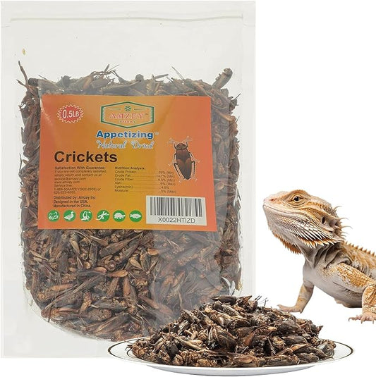 Amzey Appetizing Mealworms Natural Dried Crickets - Food for Bearded Dragons, Wild Birds, Chickens, Fish - (8 oz Resealable Bag) - Veterinary Certified