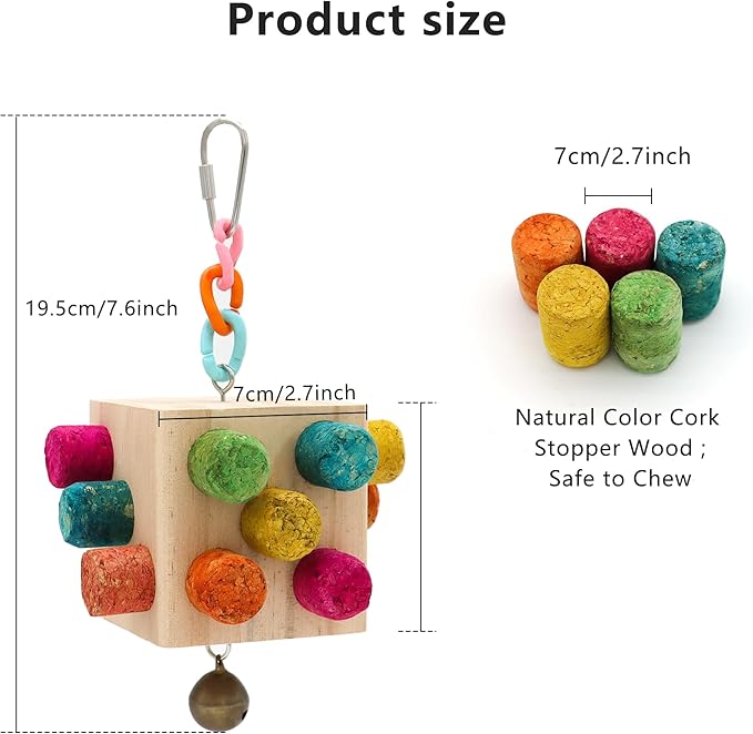 Square Bird Chew Toy, Parrot Cork Stopper Toys Bird Swing Bell Hanging Wooden Puzzle Foraging Toys Small Bird Bite Perch Stand, Small and Medium Parrots (1 Pack-Square Cork Stick)