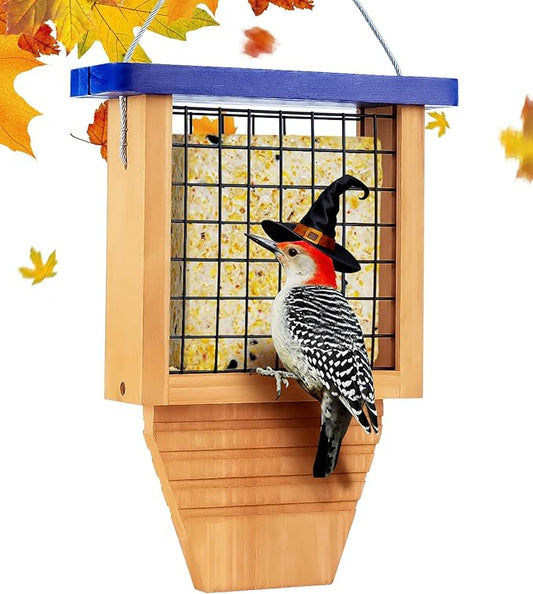 Wooden Suet Bird Feeder for Outside Hanging, Woodpecker Suet Feeder with Tail Prop, Hanging Bird Feeder for Wild Birds, 1 Pack, Blue