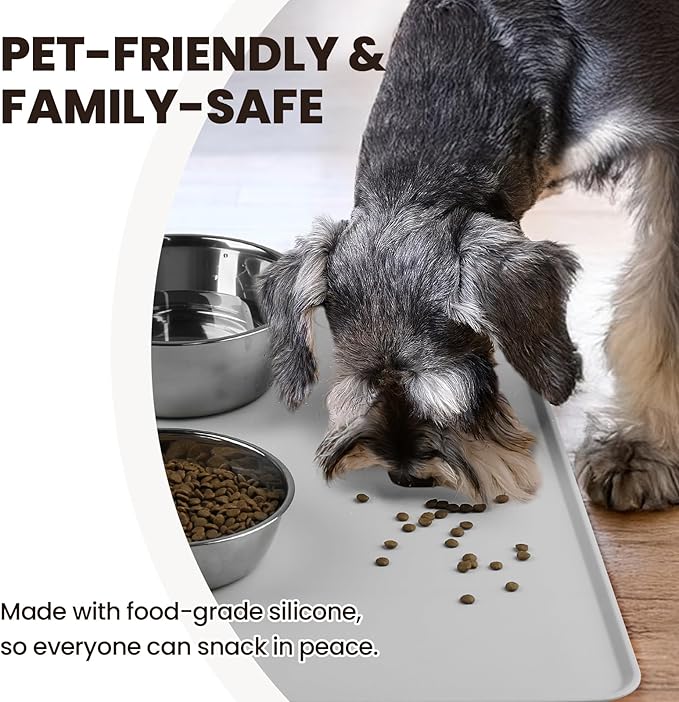 VIVAGLORY Dog Food Mat Flexmat Dog Bowl Mat, Placemat Food Tray with Raised Edges & Lip for Indoor Floor, Non Slip Waterproof Silicone Dish Placemat for Cat & Pet, S, Light Grey