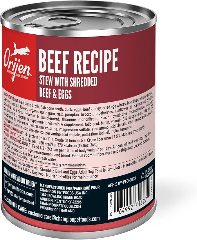 ORIJEN Real Meat Shreds Wet Dog Food Beef Stew Recipe 12.8oz Cans (12 Count)