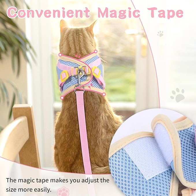 Cat Harness and Leash Set for Walking Escape Proof, Adjustable Kitten Harness Breathable Mesh with Reflective Strips Harness with Flower for Kitty Puppy Bunny Pink M