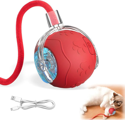 Interactive Cat Toy Balls,2025 New Interactive Rolling Cat Balls,Smart Automatic Rolling Pet Ball,Automatic Obstacle Avoidance Cat Toy with Rope for Cat & Dog (RED)