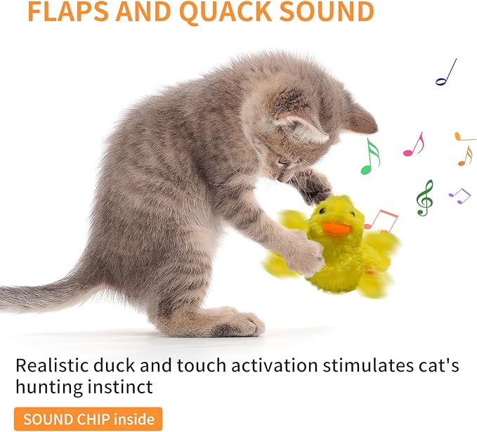 SmartTail Cat Toys Rechargeable Flapping Duck, Lifelike Quacking Sound, Touch Activated Kitten Plush Toy Interactive Cat Exercise Toys for All Indoor Kicker Toys 4.0 Inches