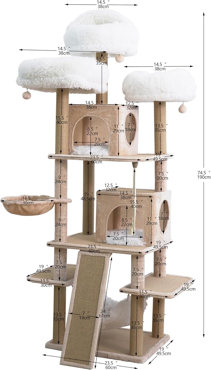 Catry 74.5" High 7-Level Extra Large Cat Tree with 2 Condos,2 Hammock,3 Washable Top Beds, Scratching Ramp Pad, Replaceable Scratching Posts, for Multi-Cat Homes (Light Brown &White)