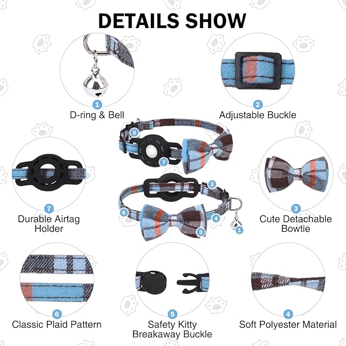 Airtag Cat Collar with Bells, Kitten Collar Breakaway for Girl Boy Cats, Safety Cat Collars with Bow Tie, Cat Collar Airtag Holder for Small Dogs Pets, 1 Pack Adjustable Plaid Design, Blue