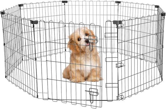 Foldable Dog Playpen 24" Height 8 Panels Metal Exercise Pen with Door - Indoor/Outdoor Puppy Playpen for Small Dogs, Portable Pet Fence for Yard Garden Camping, Black