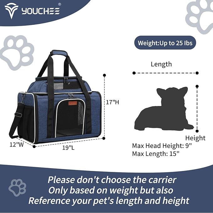 19" L x 12" W x 17" H Inches Cat, Dog Carrier for Pets Up to 25 Ibs, Washable，Soft Sided，Collapsible Travel Puppy Carrier. (Blue)