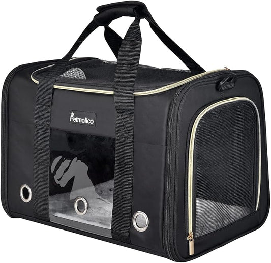 Petmolico Cat Carrier Soft-Sided Pet Bag for Small Medium Cats Puppies 16LBs - Airline Approved Pet Travel Carrier 3 Open Doors (Medium,Black)