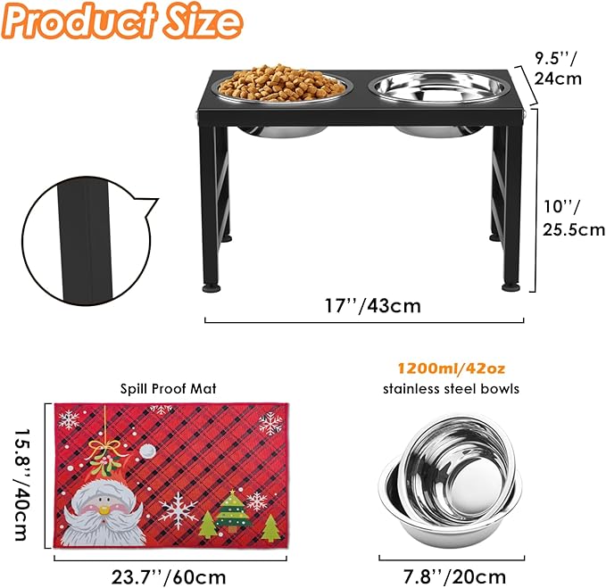 Raised Dog Bowl for Christmas, 10" Tall Elevated Dog Bowls with 2 Stainless Steel 42oz Bowls & 16x24 Non-Slip Mat, Raised Bowl Stand Gift for Dogs