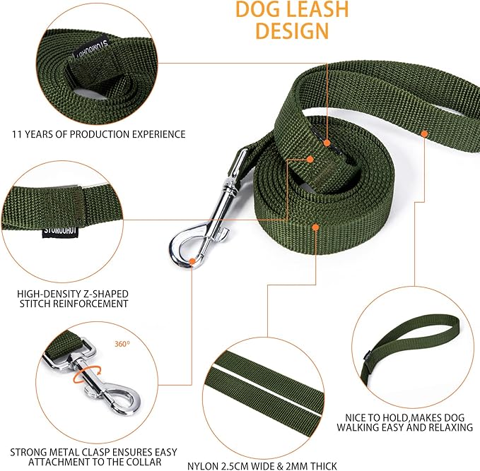 Strong Durable 6 ft Nylon Dog Training Leash, 1 Inch Wide Traction Rope, for Small and Medium Dog (Military Green, 6 Feet)