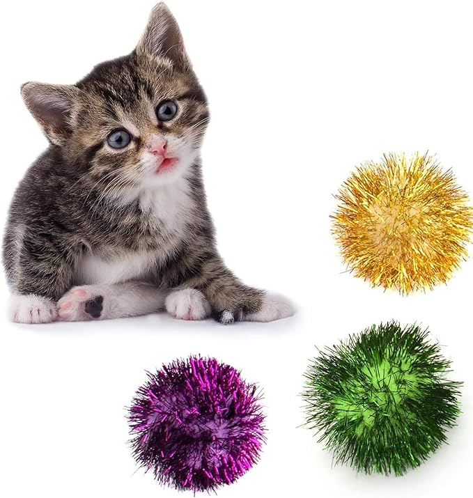 AUEAR, 12 Pack 2 Inch Sparkle Ball Shiny Glitter Tinsel Pom Poms Interactive Cat Balls for Kittens (4 Colors, 12 Inch-12 Pack)