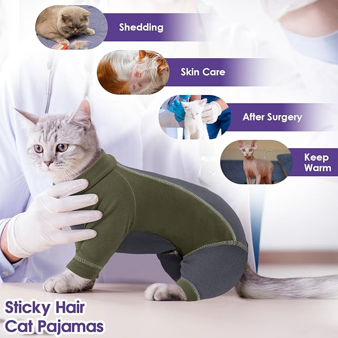 SUNFURA Hair Sticky Cat Clothes, Cat Sweater for Cats Only, 4-Legged Fleece Sweaters Kitten Pajamas Reduce Shedding Fur, Warm Pullover Shirts for Cats, Army Green S