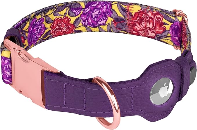 AirTag Dog Collar for Small Medium Large Breed - Adjustable Cute Pattern Dog Collar with Airtag Holder - Soft Leather Tracker GPS Apple Air Tag Pet Collars (Small, 12"-15" Neck Fit, Peonies)