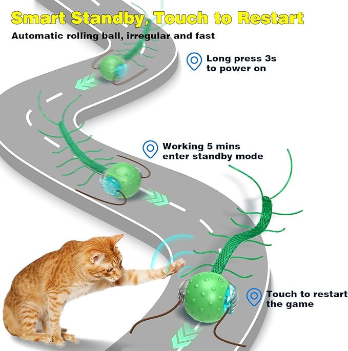 Interactive Cat Toys for Indoor Cats, Moving Cat Ball with Tail, Fast Rolling on Carpet, Chirping & Motion Activate Toy for Bored Indoor Adult Cats