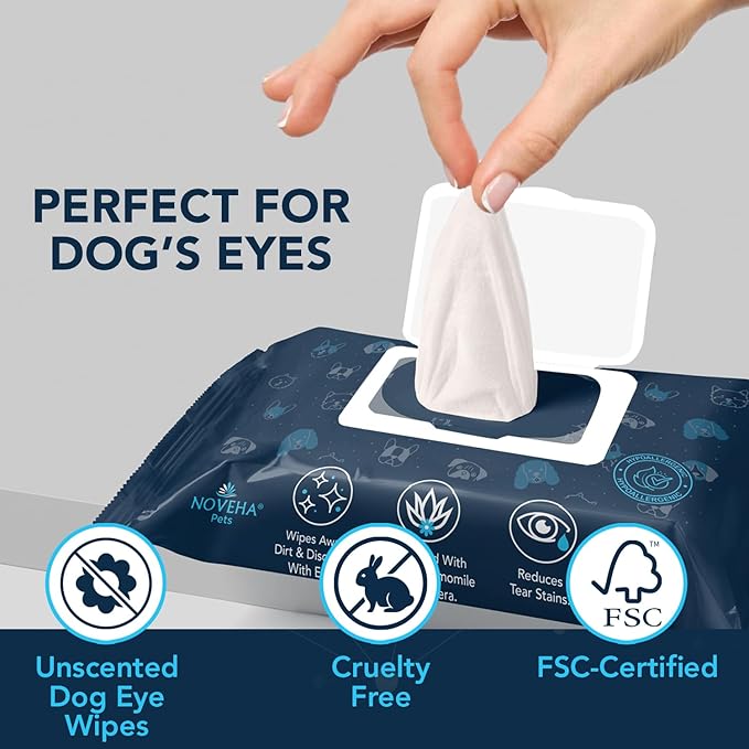 NOVEHA 100PCs Dog Eye Wipes - Tear Stain Remover for Dogs - Formulated with Chamomile and Aloe to Remove Eye Debris, Tear Stains & Eye Discharge - Plant Based, Safe, and Large 5"x5" Unscented Wipes