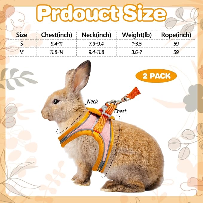 PINVNBY 2 Pack Bunny Hsrness and Leash Set Adjustable Rabbit Harness with Reflective Strips Double Buckle Pet Vest Eescape Proof for Small Rabbit Kitten Puppy Walks Accessories (Orange Pink, S)