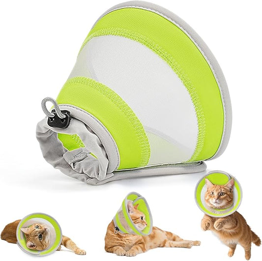 Breathable Air Mesh Cat Cone Collar Soft to Stop Licking, Adjustable, Foldable Lightweight Kitten Cones After Surgery Recovery for Cats & Kittens (Yellow Green, S)