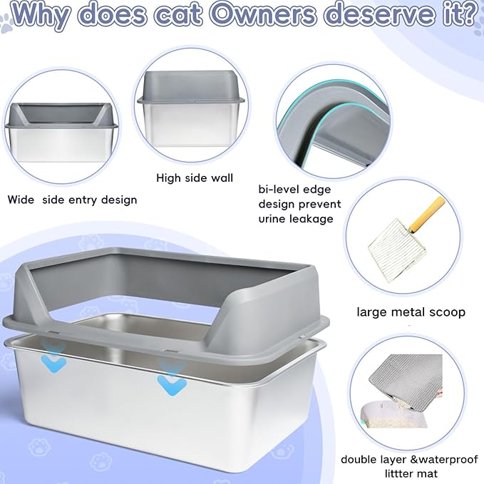 Stainless Steel Cat Litter Box with Lid,Large Litter Box with Side Entrance,Kitty Litter Pan High Sided,Anti-Urine Leakage,Easy to Clean,Included Scoop,Litter Mat&Fish Toys,Brush