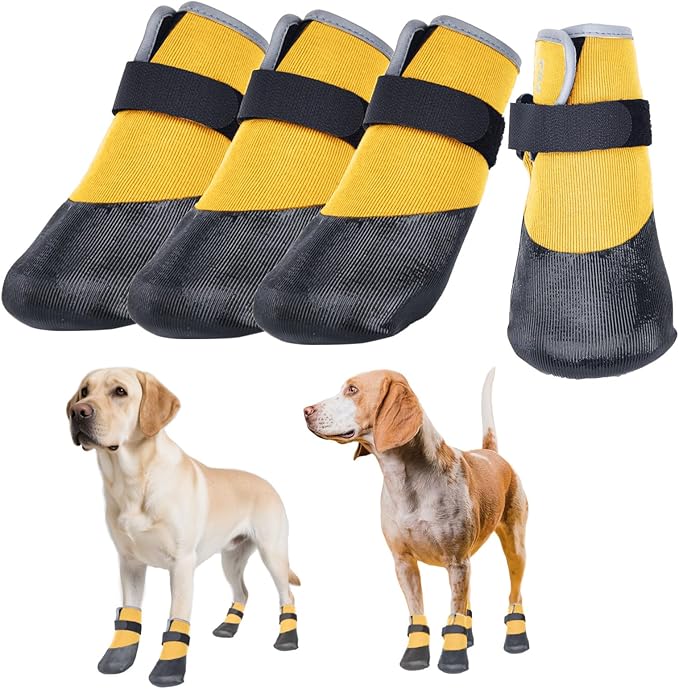 Dog Shoes Lightweight Dog Boots-Breathable Knitted Paw Protector with Adjustable Strap for Hot Pavement, Rain Walking, Hardwood Floors Anti Slip Reduce Noise, Prevent Licking Paws(Yellow,M)