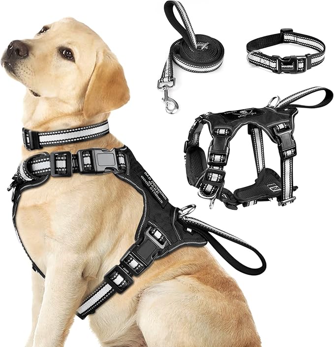 WINSEE Pet Harness Collar and Leash Set, All-in-one Reflective Dog Harness No Pull with Adjustable Buckles for Puppies, Small, Medium, Large, and Extra-Large Dogs (Large, Black)
