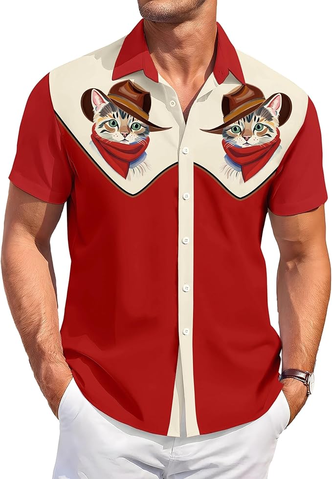 Men’s Hawaiian Shirt Western Cowboy Symmetrical Print Short Sleeve Button Down Casual Beach Holiday Summer Shirt