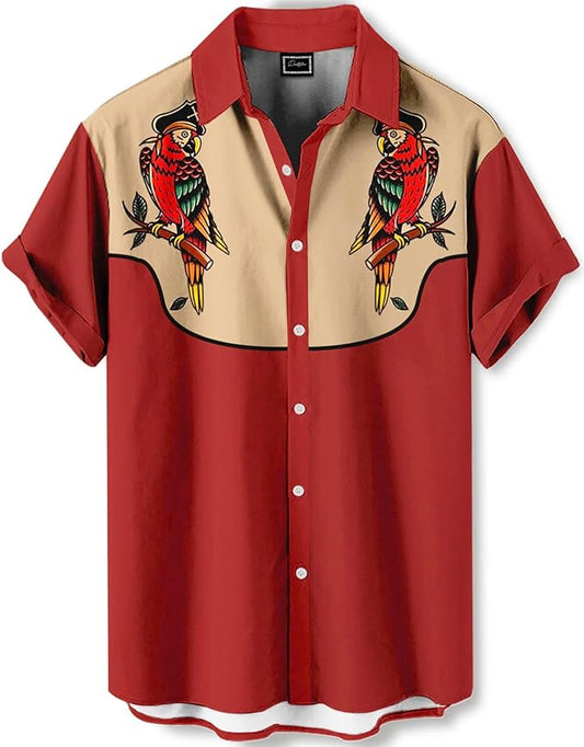 Men’s Hawaiian Shirt Western Cowboy Symmetrical Print Short Sleeve Button Down Casual Beach Holiday Summer Shirt